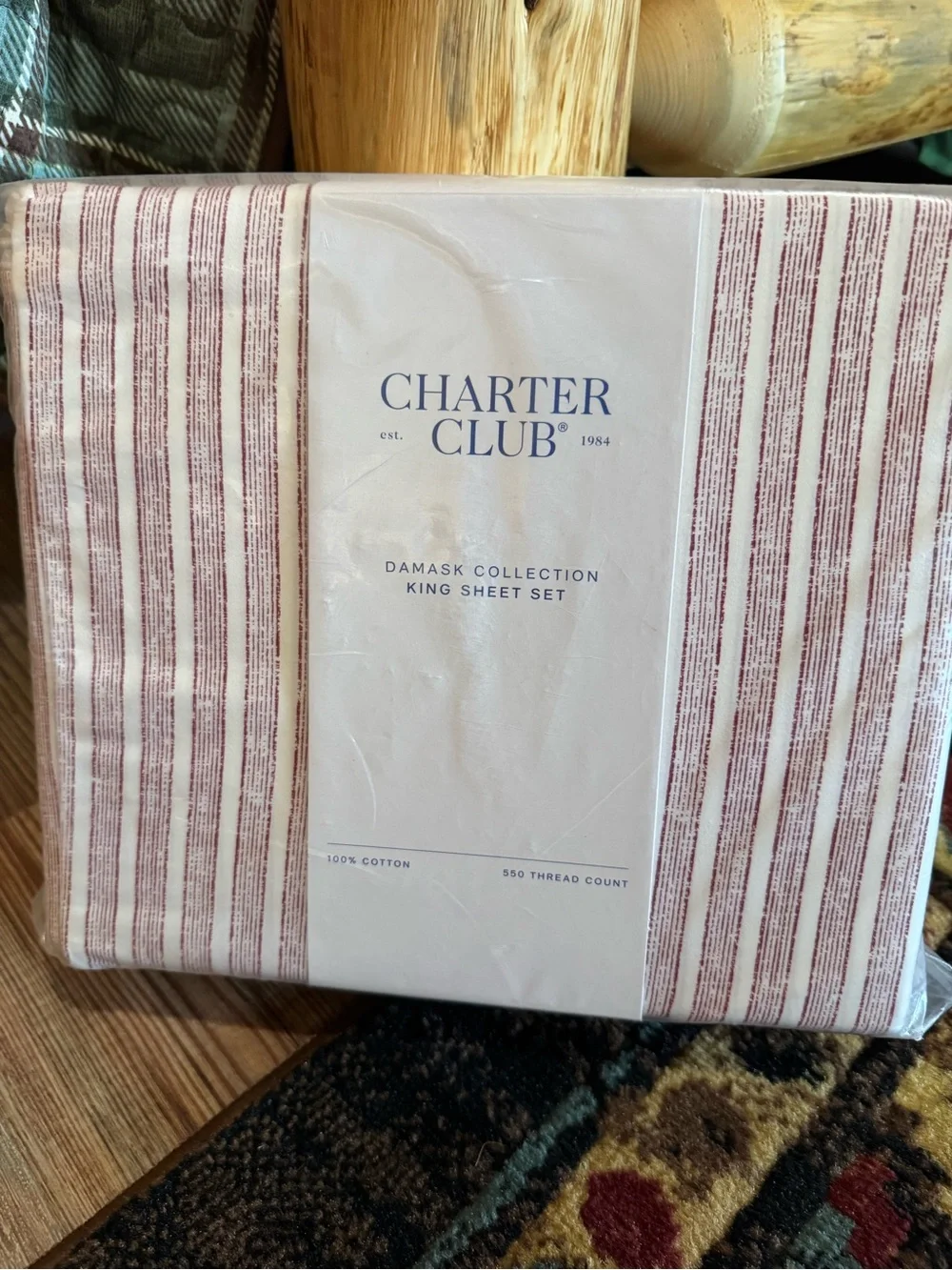 Charter Club Damask Collection King Sheet Set in White and Burgundy Stripe